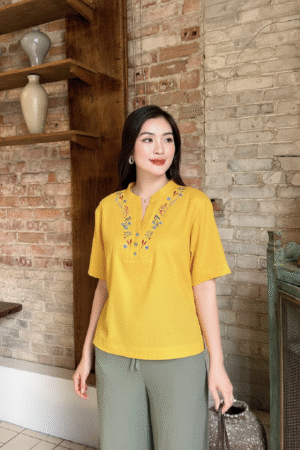 ÁO LINEN CỔ TRỤ THÊU