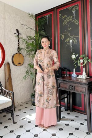 ÁO DÀI CỔ TÀU VẢI HOA TẶNG QUẦN