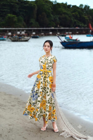 ĐẦM LINEN HOA DÁNG XÒE