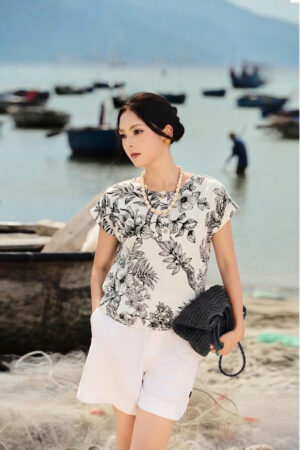 ÁO LINEN HOA CỔ TRÒN